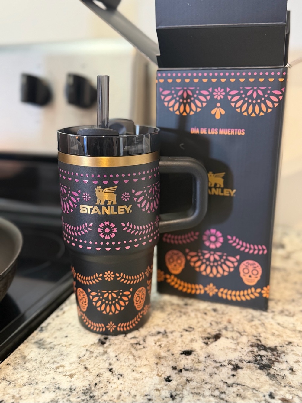 Stanley Dia de Los Muertos Black & Pink Travel Mug with Straw Limited Edition